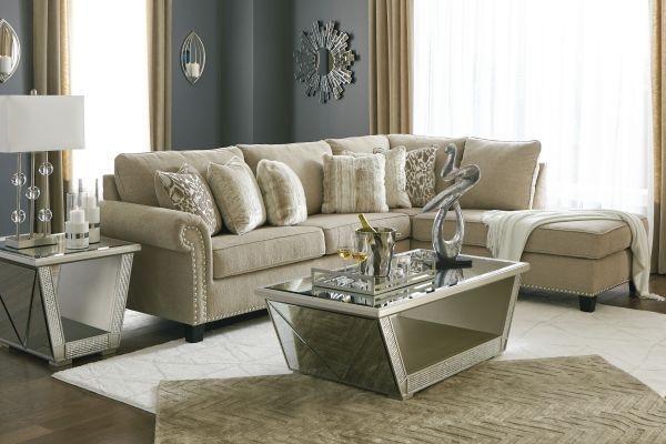 Beige Sectional Sofa with Nailhead Trim for Glam Living Room