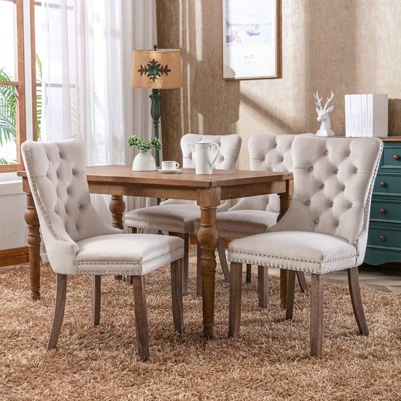 Beige Tufted Wingback Dining Chairs with Wood Legs