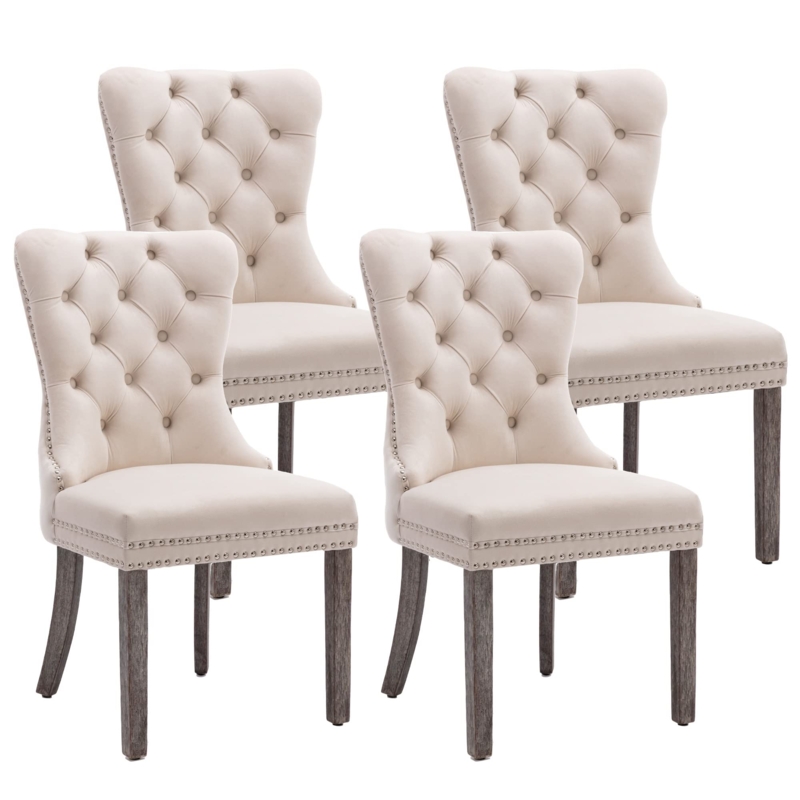 Beige Velvet Dining Chairs with Winged Silhouette and Button Tufting