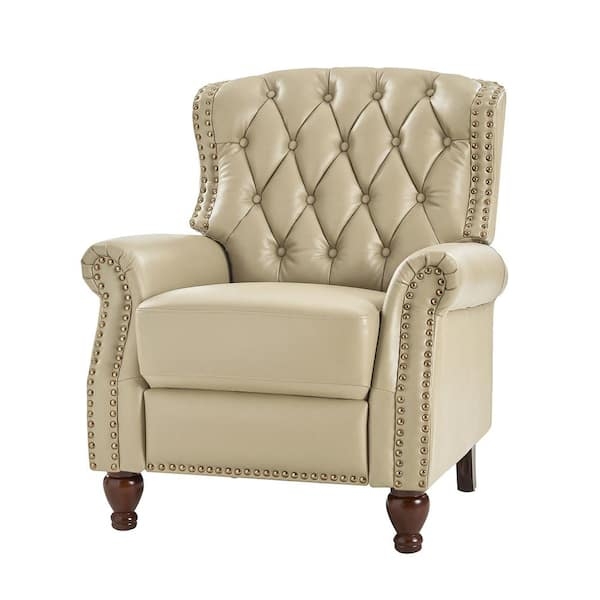Beige Wingback Recliner with Diamond Tufting and Rolled Arms