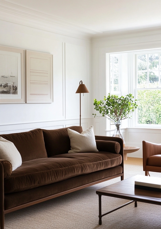 Bench Seat Sofa with Cylindrical Bolsters in Transitional Living Room