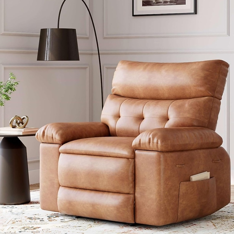 Biscuit Tufted Recliner Cognac Leather Side Pocket Overstuffed