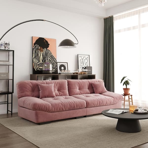Biscuit Tufted Sofa Low Profile Modern Pink Velvet Couch