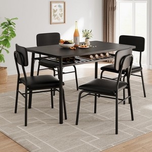 Black 5-Piece Dining Set Integrated Wine Rack Upholstered Chairs