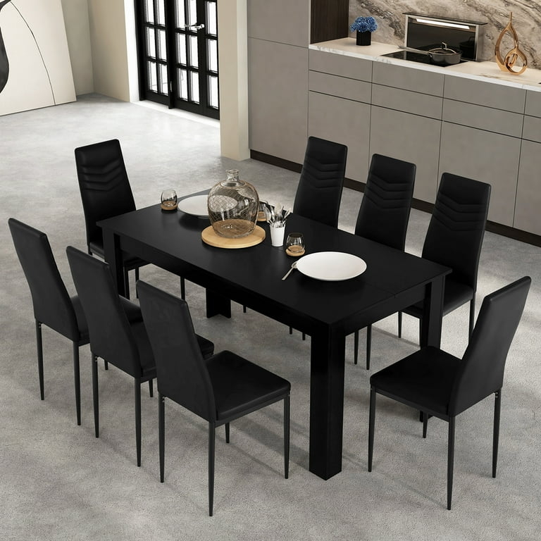 Black 9-Piece Dining Set featuring High-Back Chevron Stitched Chairs