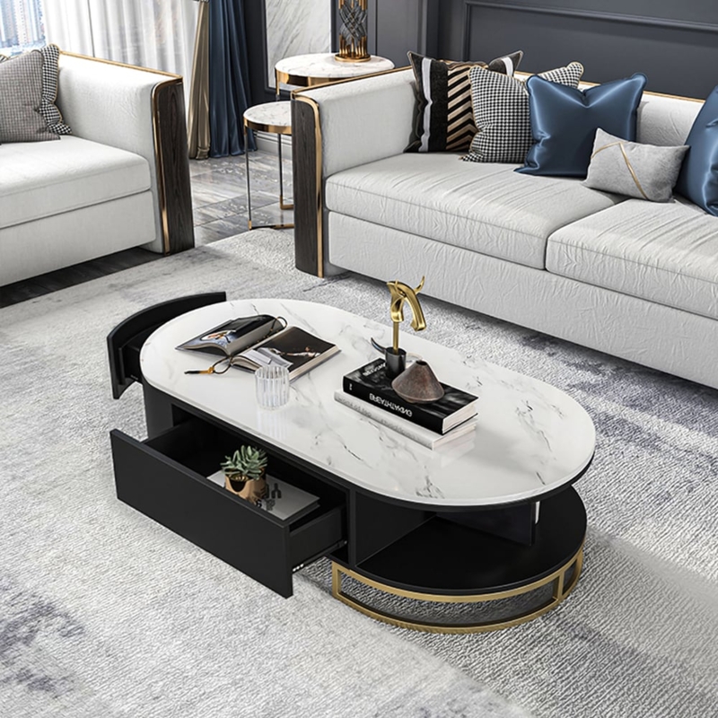 Black And Gold Coffee Table Oval Stone Look Top Storage Drawers Glam