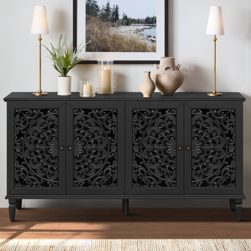 Black Carved Sideboard with Hollow Circular Pattern Doors