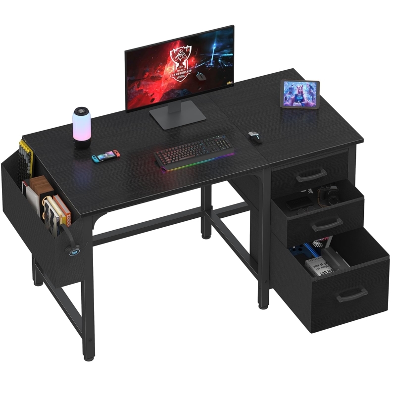 Black Computer Desk with Side Storage Pocket and Fabric Drawers