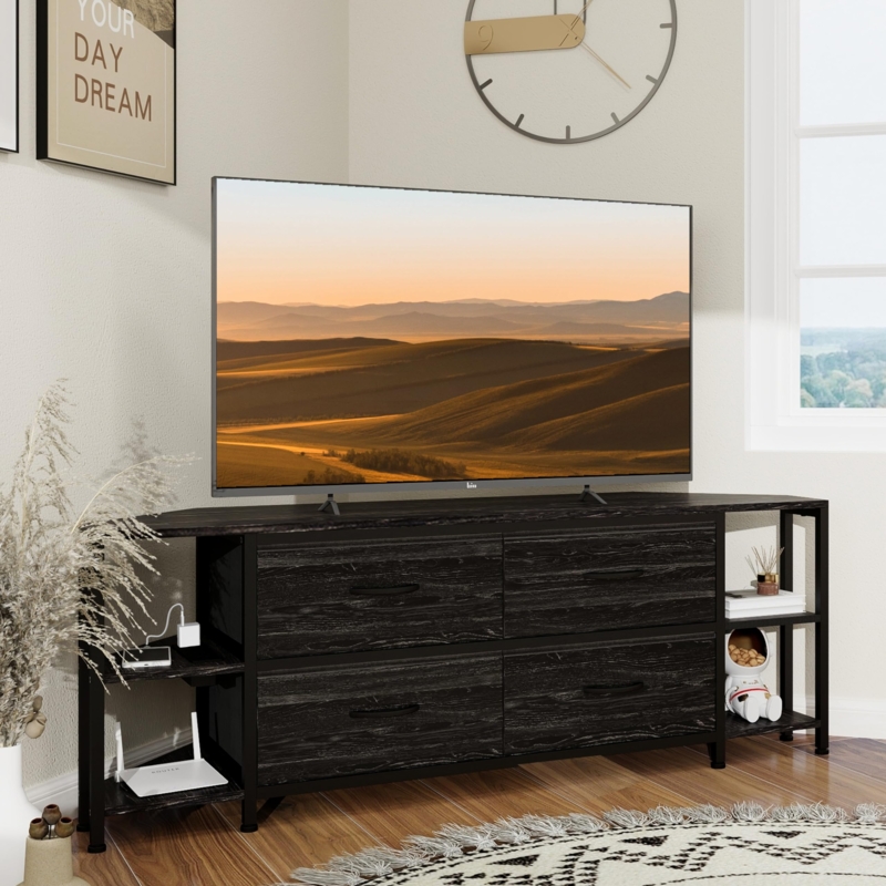 Black Corner Media Console Four Drawers Charging Station