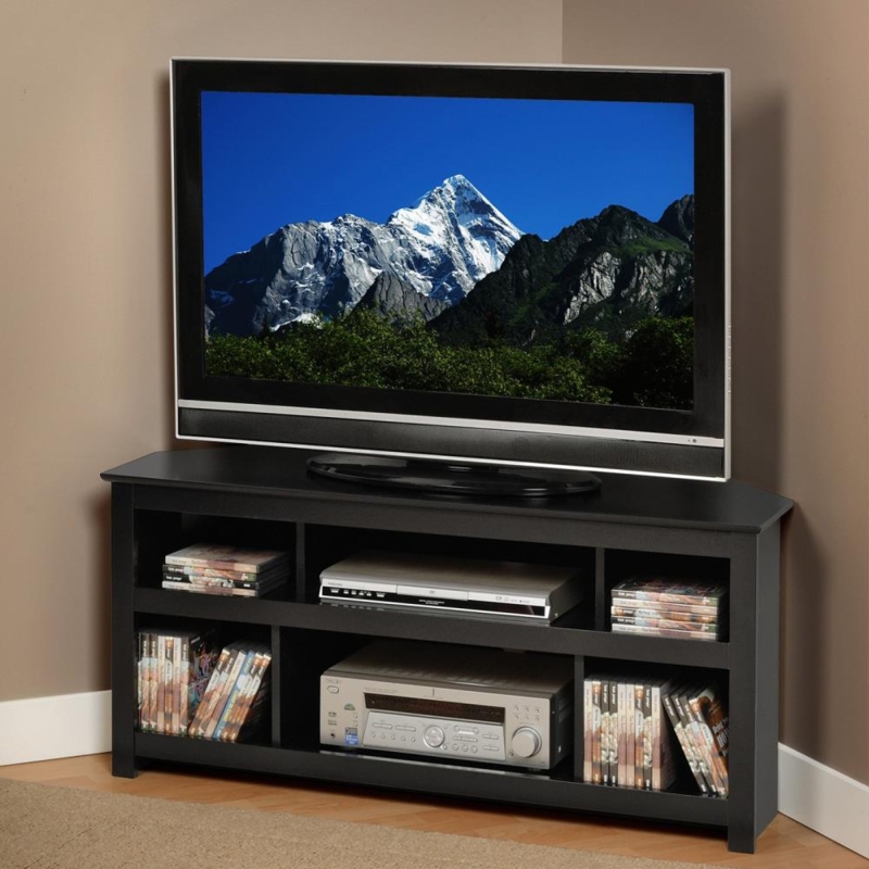 Black Corner TV Stand Six Compartments, Open Shelf Media Console