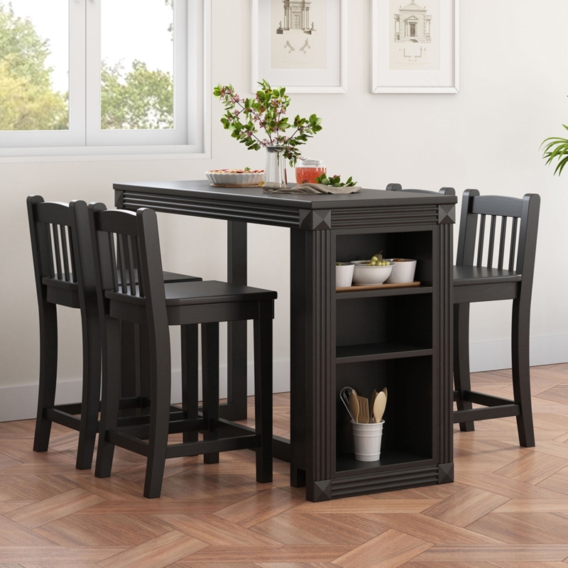 Black Counter Height Dining Set Integrated Shelving Slatted Stools