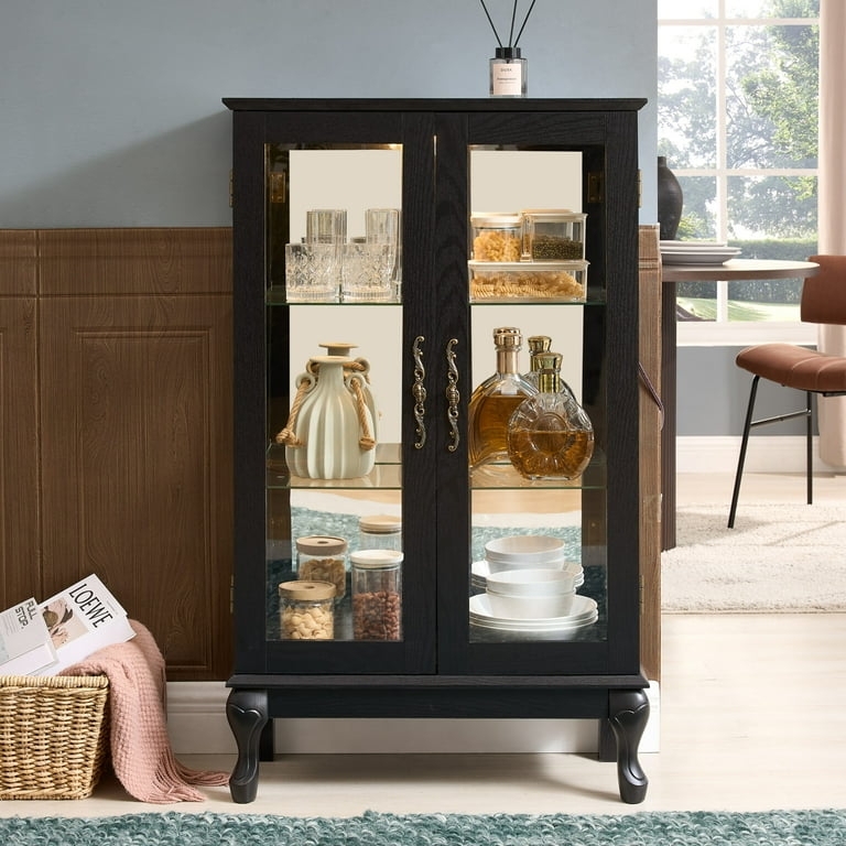Black Curio Cabinet with Lights, Mirrored Back, and Cabriole Legs