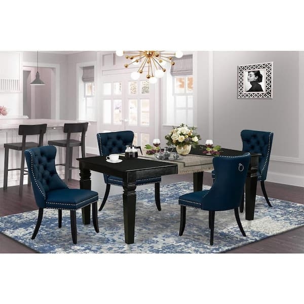 Black Dining Set with Navy Blue Tufted Chairs and Nailhead Trim
