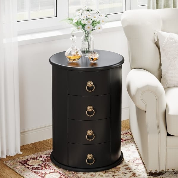 Black End Table Drum Silhouette Four Stacked Drawers Ring Pulls
