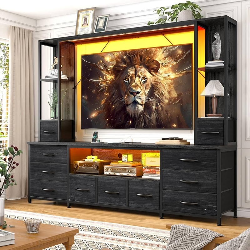 Black Entertainment Center with Eleven Fabric Drawers and Integrated LEDs