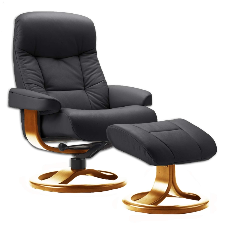 Black Ergonomic Recliner Set with Cherry Wood Tone Circular Base