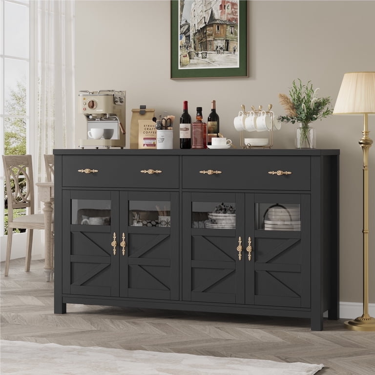 Black Farmhouse Buffet Cabinet with X-Brace Glass Doors
