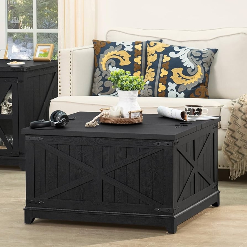 Black Farmhouse Coffee Table Large Square Hinged Storage Trunk