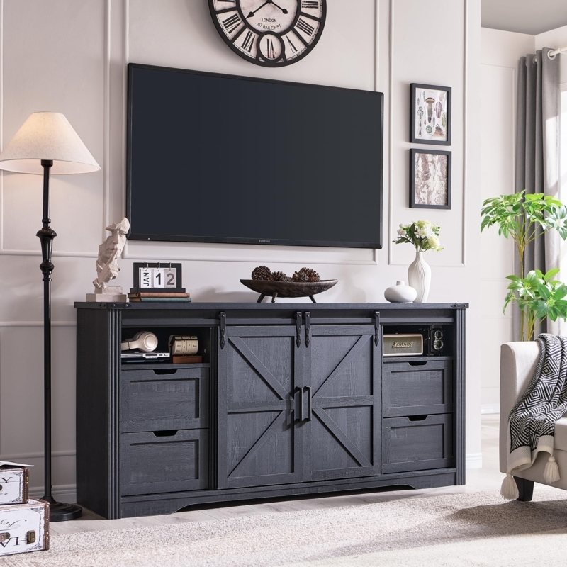 Black Farmhouse TV Stand Sliding Barn Doors X-Brace Media Console