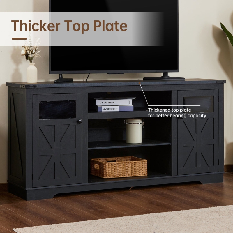 Black Farmhouse TV Stand Thickened Top Plate X-Frame Cabinet Doors