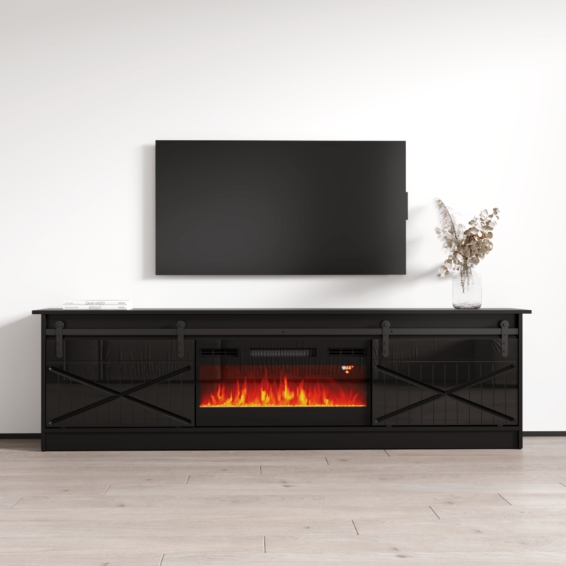 Black Farmhouse TV Stand with Sliding Barn Doors & X-Brace