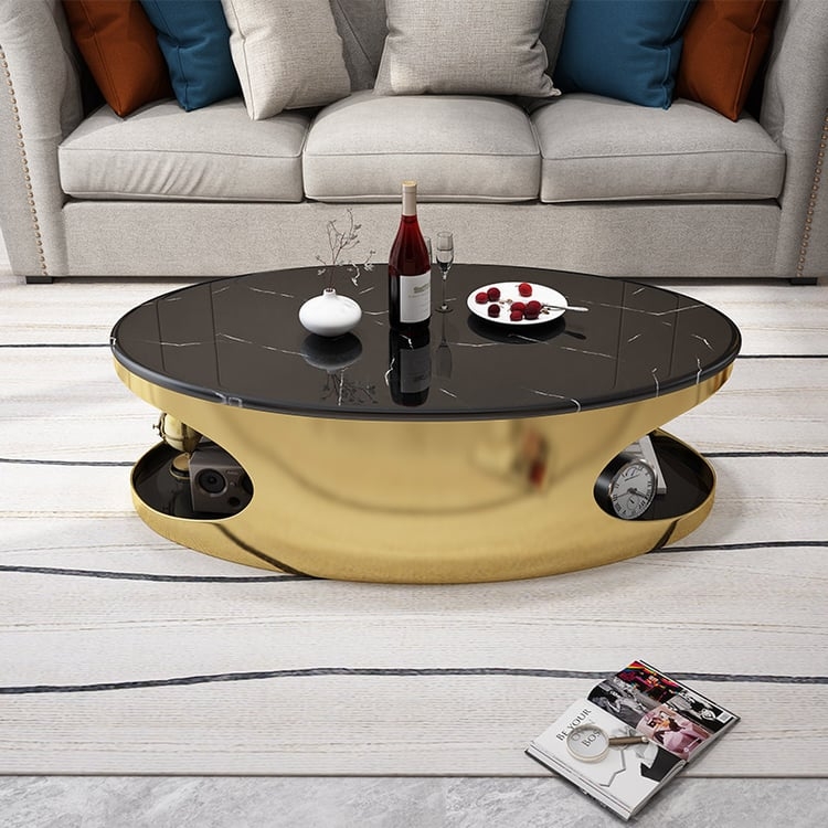 Black Faux Marble Coffee Table with Integrated Storage Cutouts