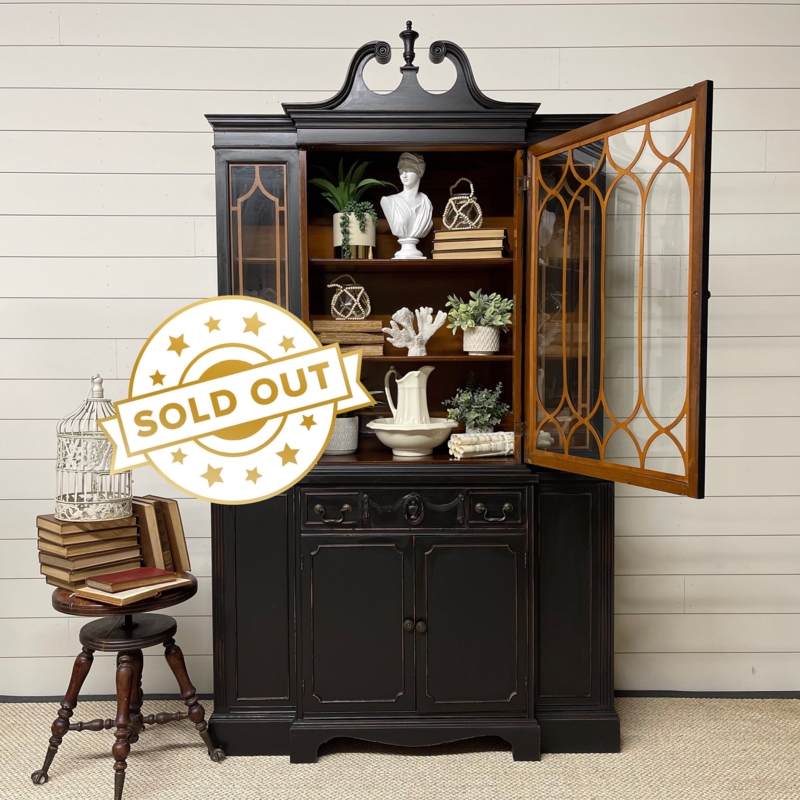 Black Federal China Cabinet Broken Pediment Arched Mullions