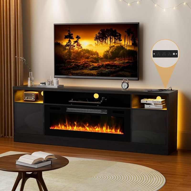 Black Fireplace TV Stand with High Gloss Doors and Power Outlet