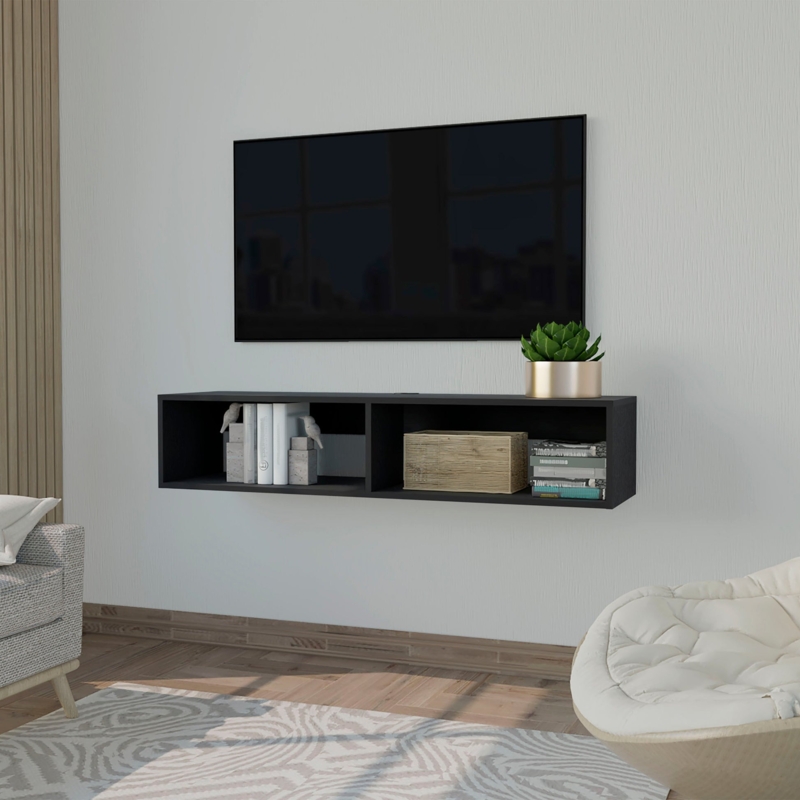 Black Floating TV Stand Two Open Cubbies Minimalist