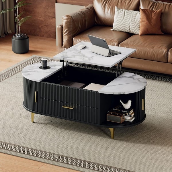 Black Fluted Coffee Table Lift Top White Faux Marble Gold
