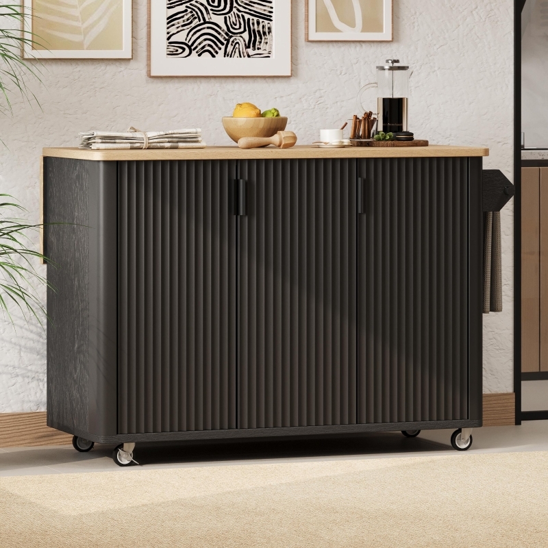 Black Fluted Kitchen Island, Rolling Cart with Drop Leaf Extension
