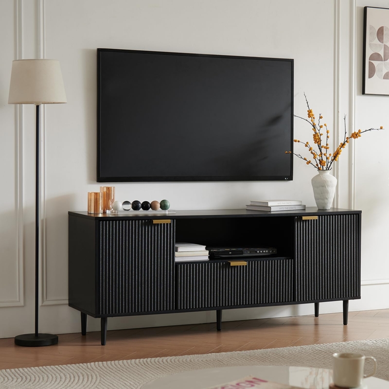 Black Fluted TV Stand with Gold Hardware and Tapered Legs