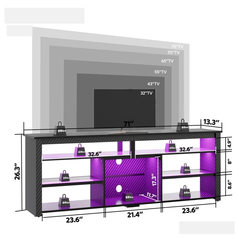 Black Gaming TV Stand Carbon Fiber Texture Purple LED Open Shelves