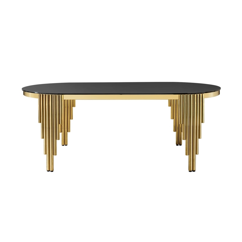 Black Glass Oval Dining Table, Ribbed Gold Pedestal Base