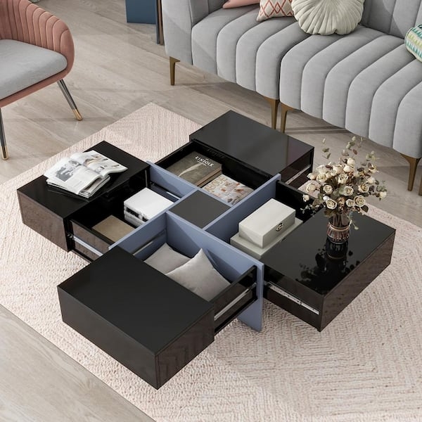 Black Gloss Coffee Table featuring Sliding Tabletop and Hidden Storage
