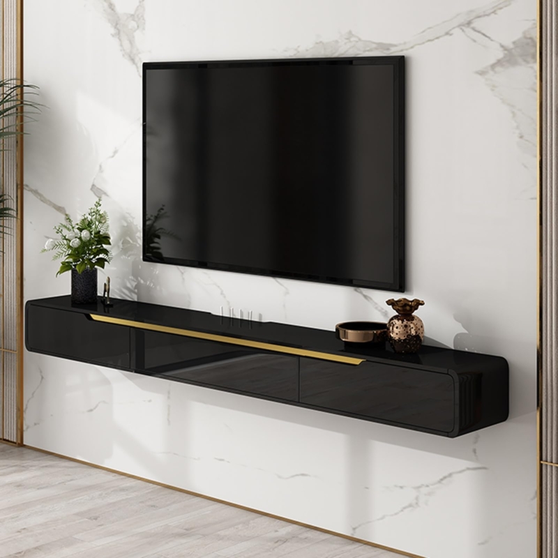 Black Glossy Floating TV Stand Gold Accent Strip Rounded Corners