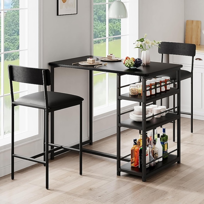 Black High Top Dining Set with Integrated Storage Shelves