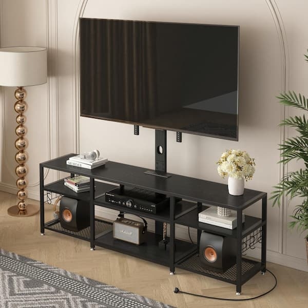 Black Industrial Tv Stand with Integrated Mount and Shelves