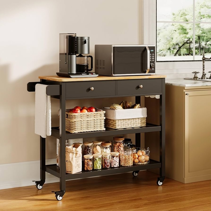 Black Kitchen Cart With Drawers, Wood Top And Open Shelves
