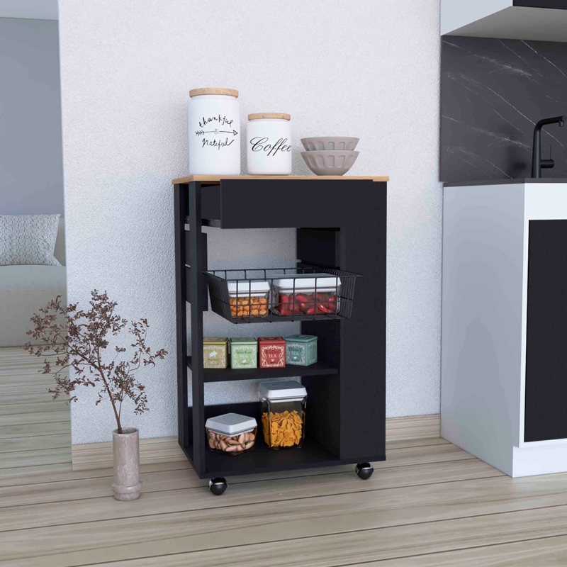Black Kitchen Cart with Wire Basket, Minimalist Mobile Storage