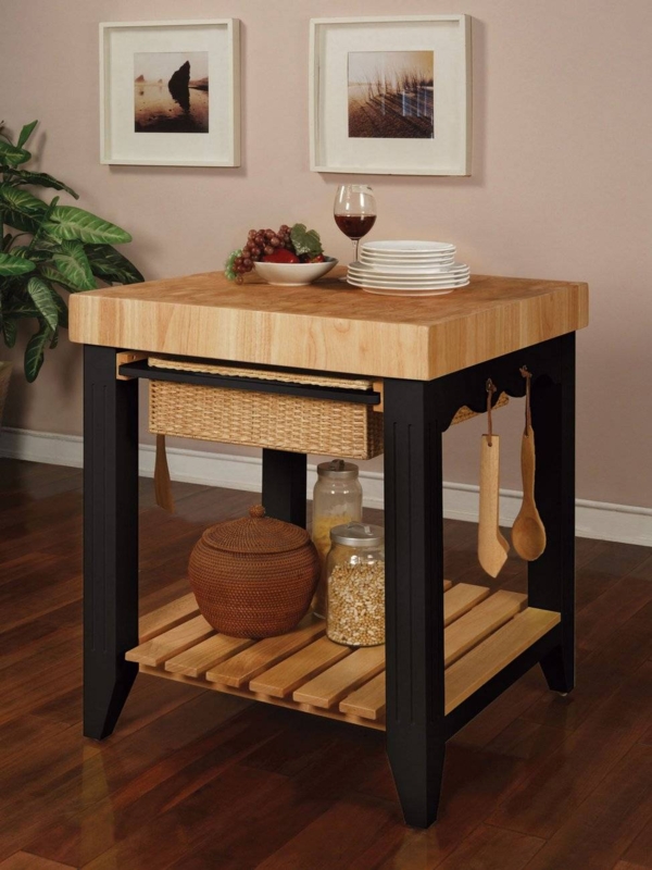Black Kitchen Island Thick Butcher Block Top with Wicker Basket Drawer