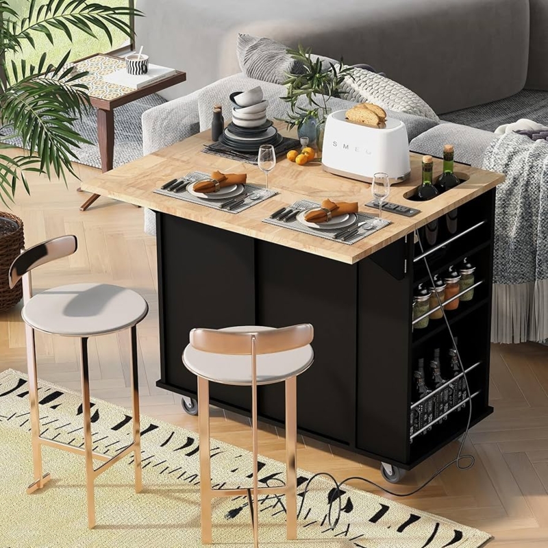 Black Kitchen Island with Drop Leaf and Power Outlet