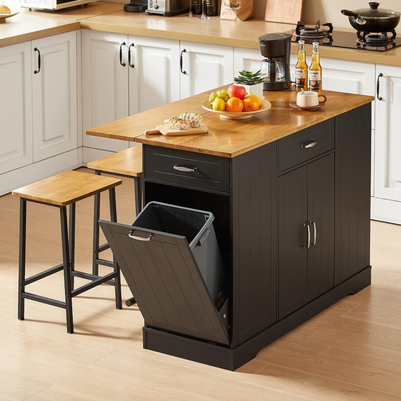 Black Kitchen Island with Trash Cabinet, Wood Top and Stools
