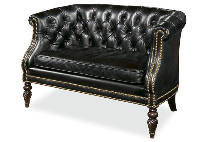 Black Leather Like Loveseat, Deep Tufting, Carved Legs