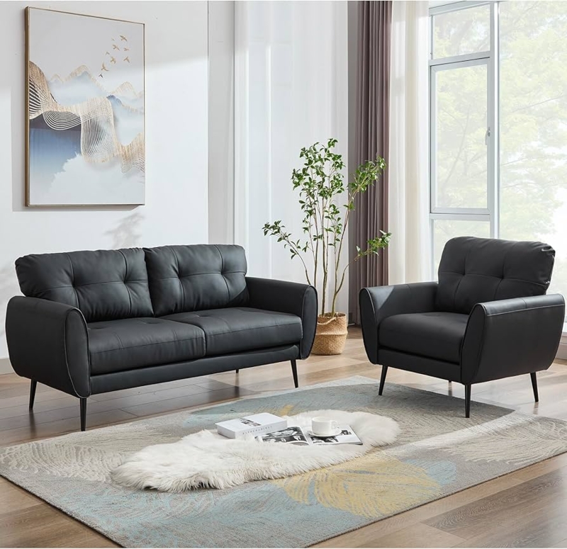 Black Leather-Like Mid-Century Loveseat with Tapered Legs