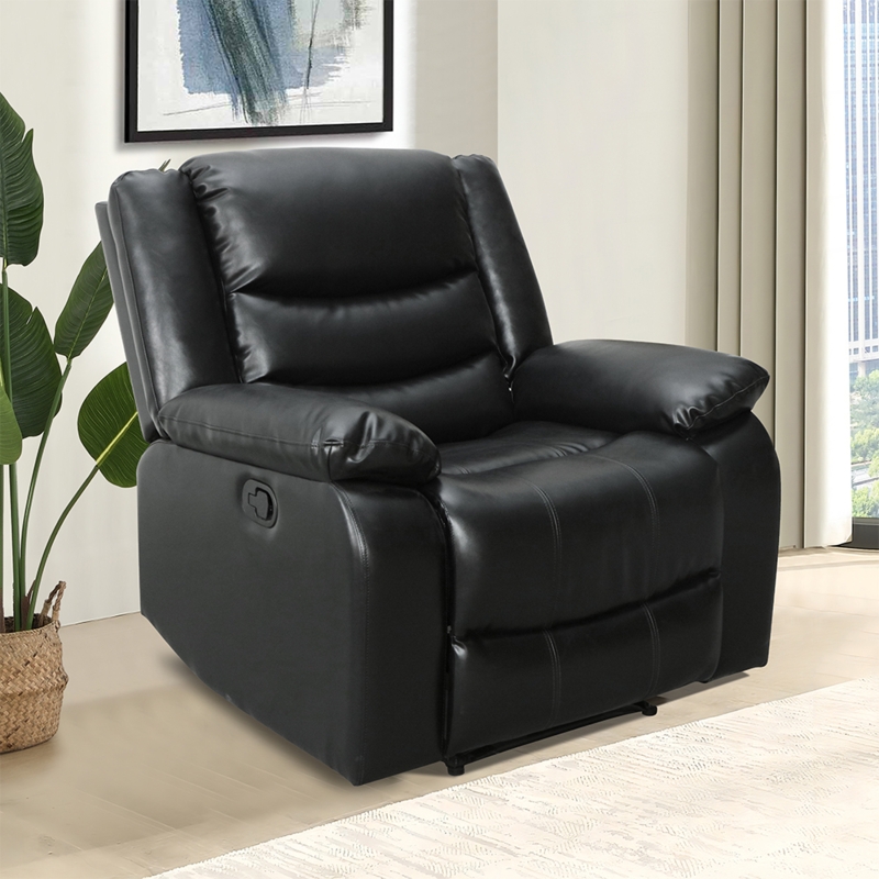 Black Leather-Like Recliner Chair Channel Tufting Manual Recline