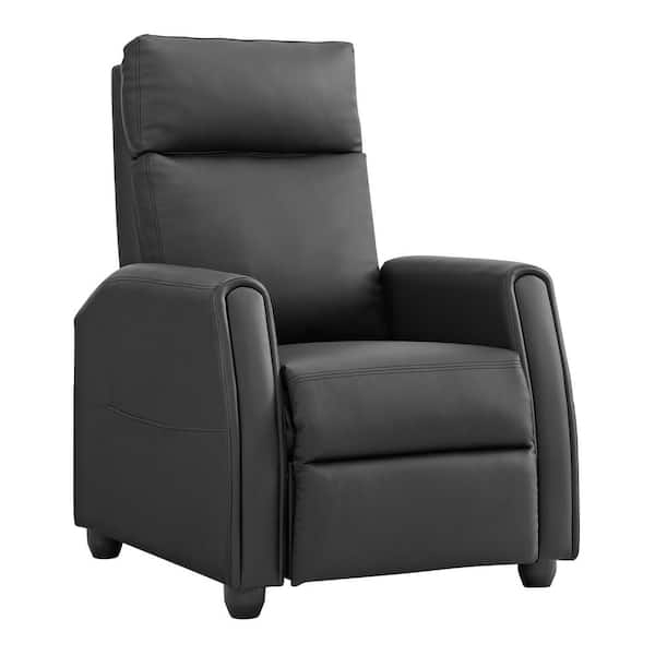 Black Leather-Like Recliner with Piped Trim Arms and Bun Feet