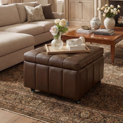 Black Leather-Like Tufted Storage Ottoman with Rolling Wheels