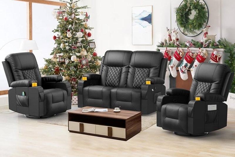 Black Leather Recliner Set with Diamond Quilting and Cup Holders