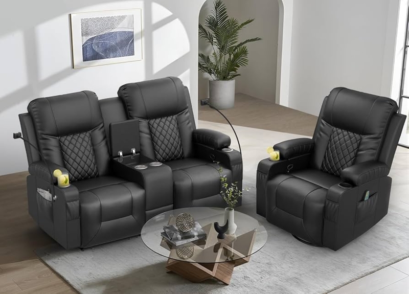 Black Leather Reclining Set with Diamond Quilt Stitching and Console